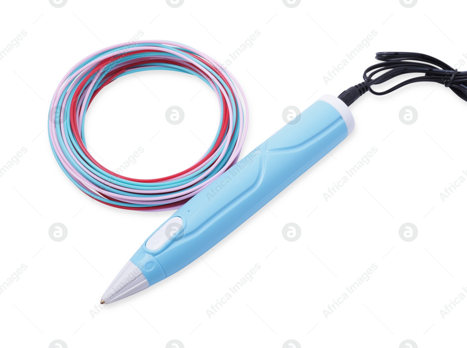 Photo of Stylish 3D pen and colorful plastic filaments on white background