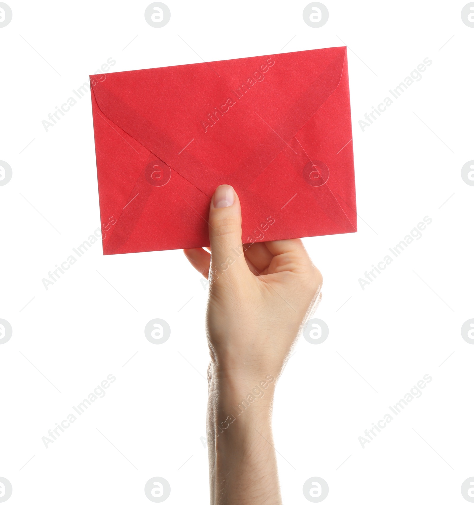 Photo of Woman holding red paper envelope on white background, closeup