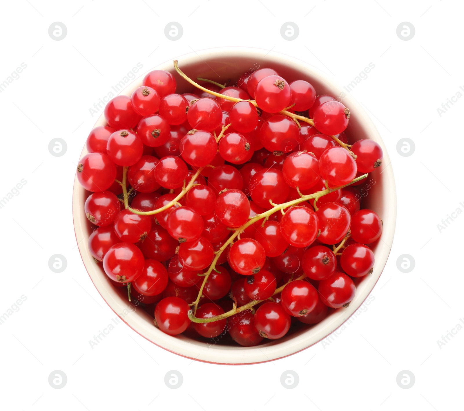 Photo of Delicious ripe red currants in bowl isolated on white, top view
