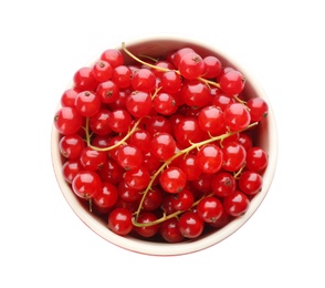 Delicious ripe red currants in bowl isolated on white, top view