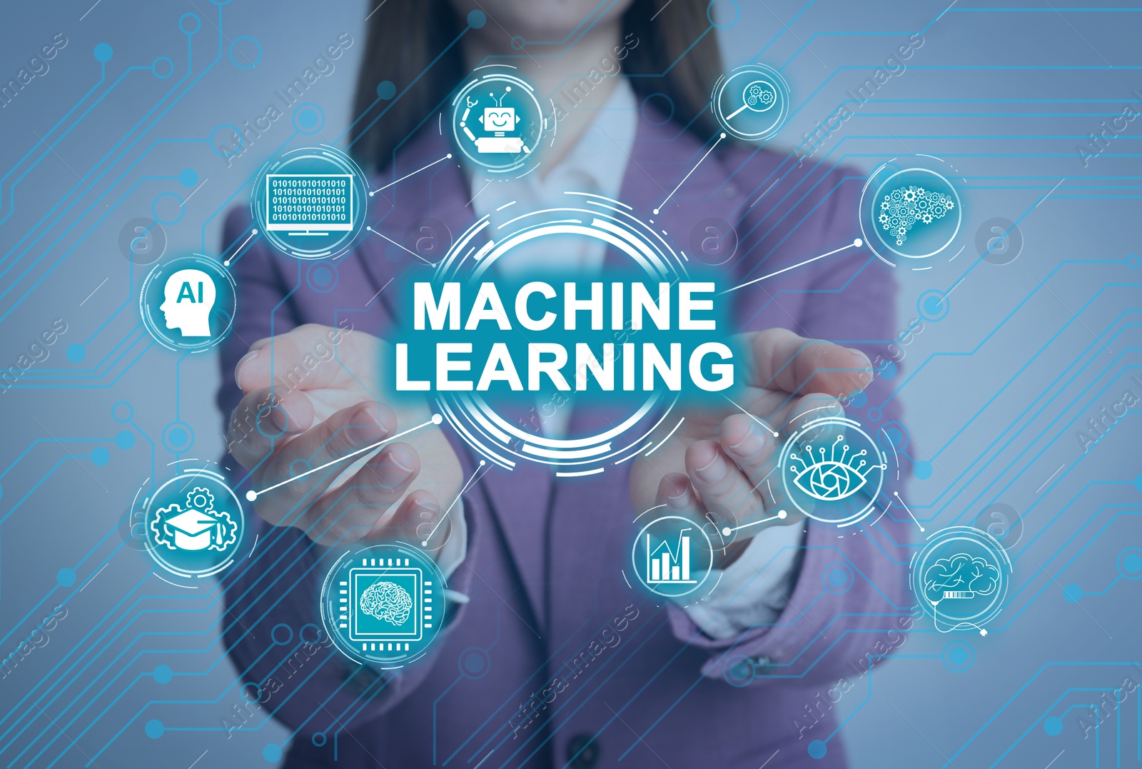 Image of Woman demonstrating machine learning model with linked icons, closeup
