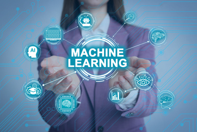 Woman demonstrating machine learning model with linked icons, closeup