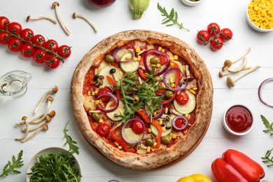 Photo of Flat lay composition with vegetable pizza on white wooden table