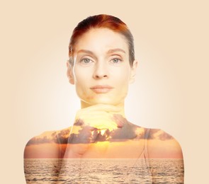 Image of Double exposure of beautiful woman and sea at sunset