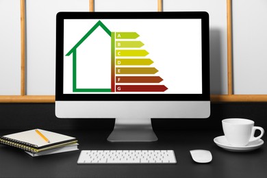 Image of Energy efficiency rating on display. Workplace with modern computer