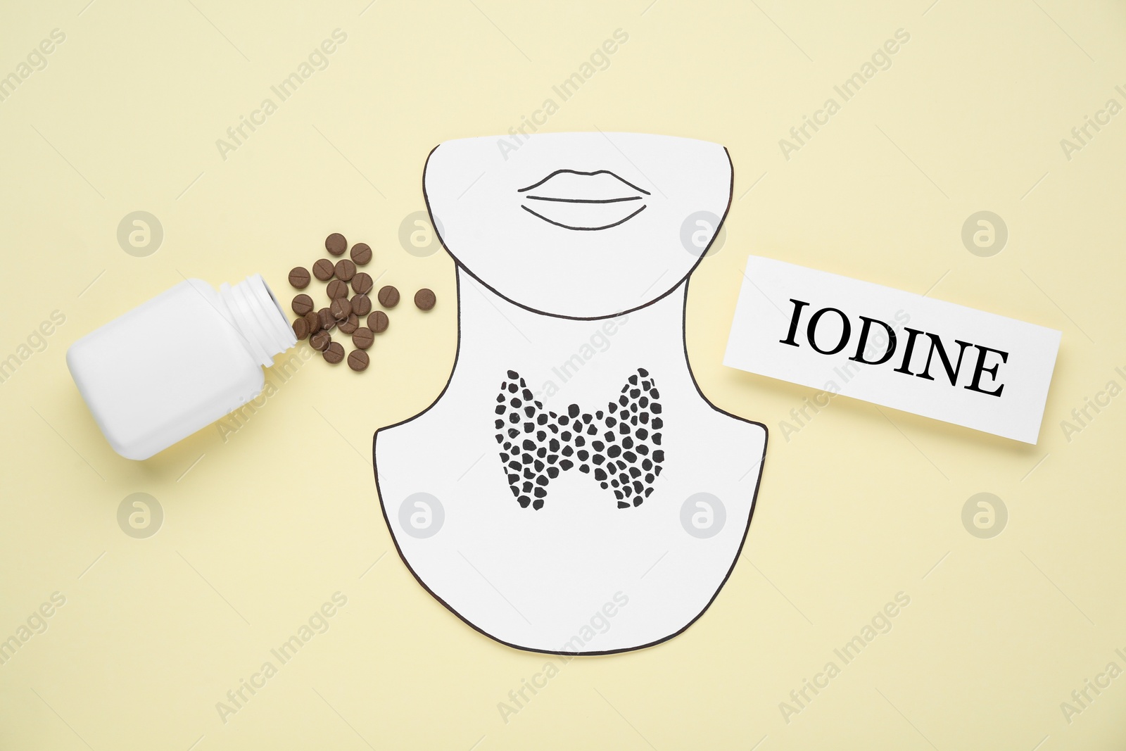 Photo of Paper note with word Iodine, cutout of thyroid gland, bottle and pills on beige background, flat lay