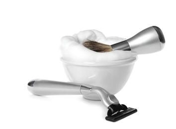 Shaving accessories for men on white background