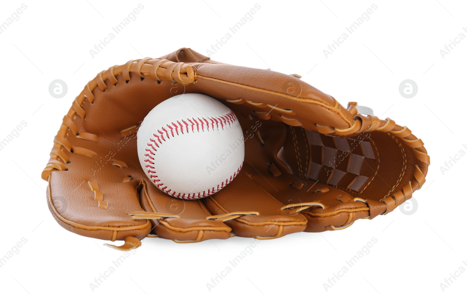 Photo of Leather baseball glove with ball isolated on white