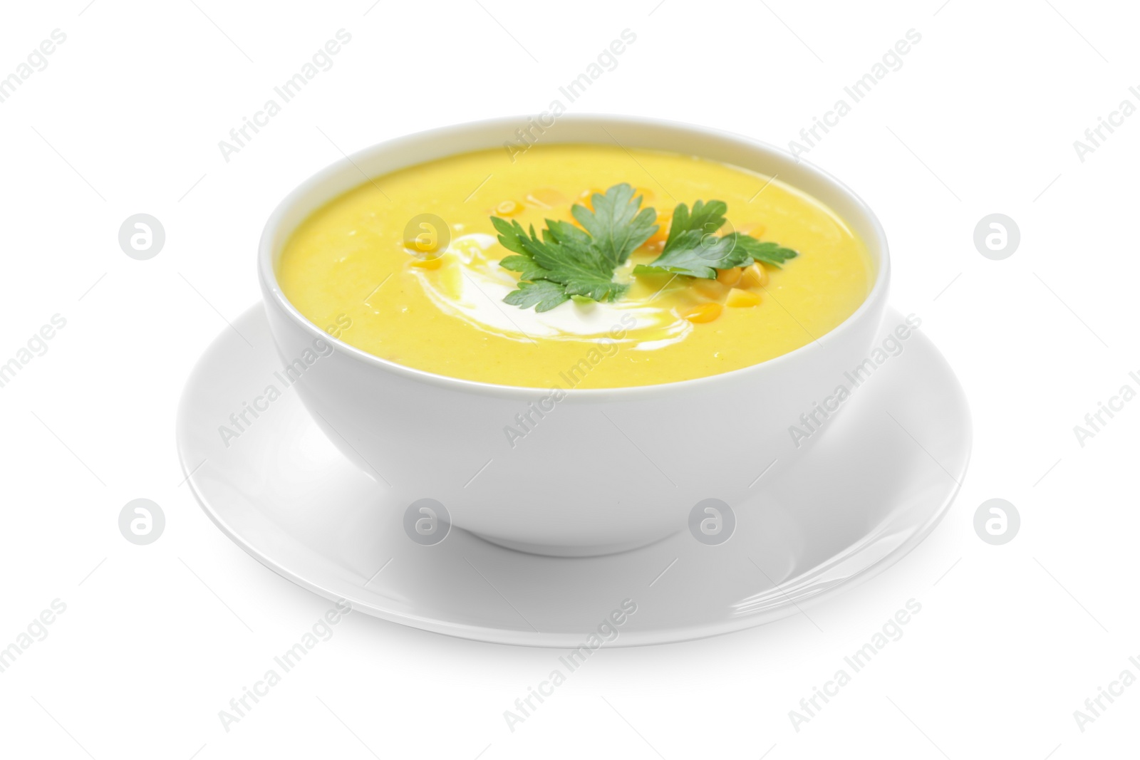 Photo of Delicious creamy corn soup isolated on white