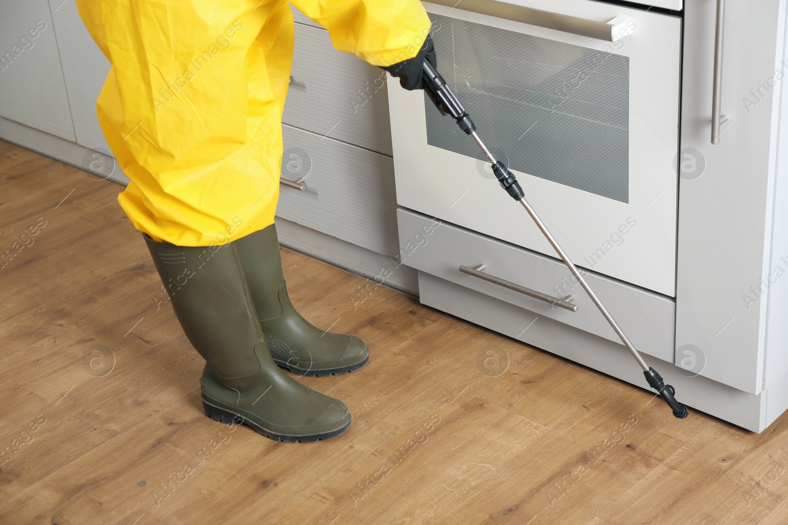 Photo of Pest control worker spraying pesticide in kitchen, closeup