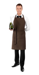 Waiter with bottle of champagne on white background