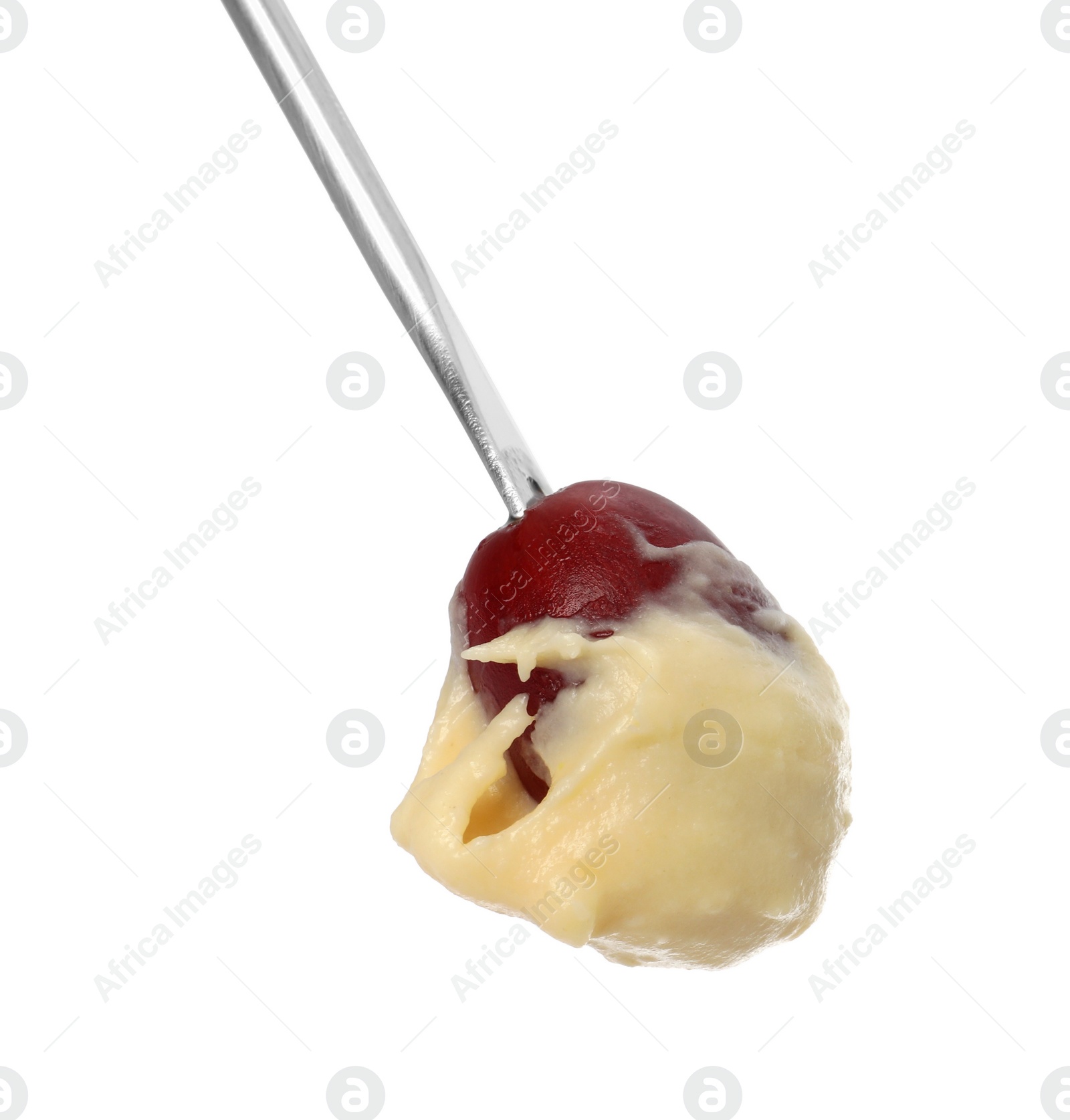 Photo of Tasty fondue. Fork with grape and melted cheese isolated on white