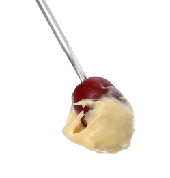 Photo of Tasty fondue. Fork with grape and melted cheese isolated on white