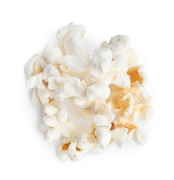 Photo of Tasty fresh pop corn isolated on white, top view