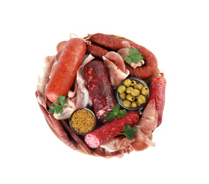 Photo of Different types of sausages with olives on white background, top view