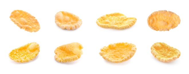 Collage with tasty corn flakes on white background