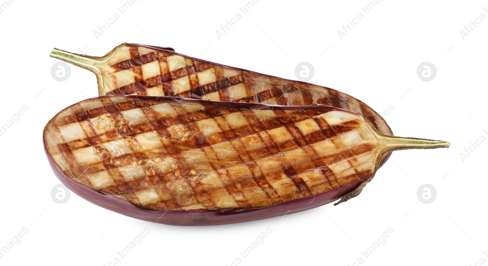 Photo of Delicious grilled eggplant halves on white background