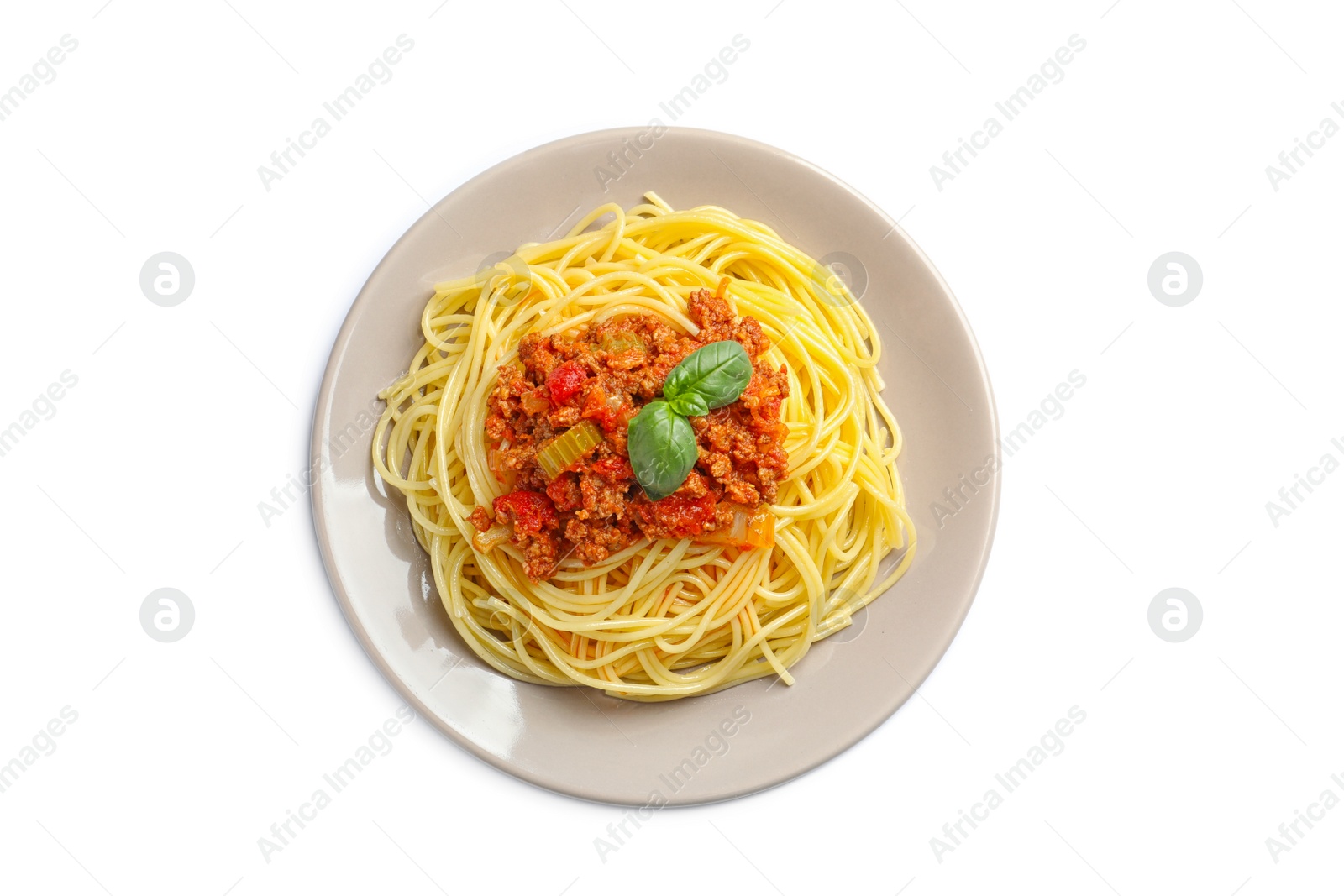 Photo of Plate with delicious pasta bolognese on white background, top view