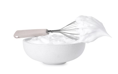 Photo of Bowl and whisk with whipped cream isolated on white