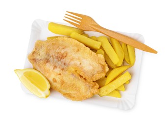 Photo of Delicious fish and chips isolated on white, top view