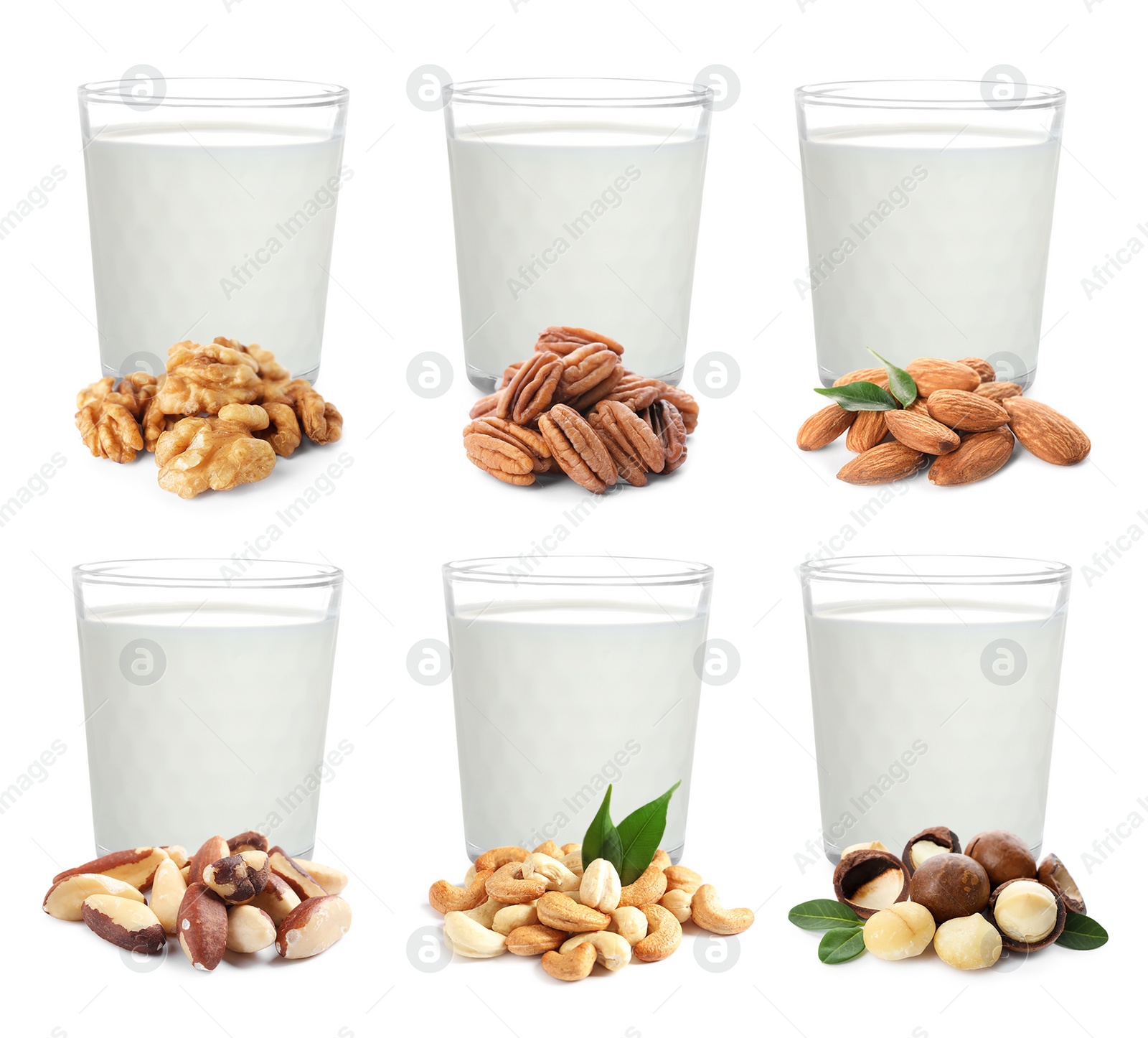 Image of Set with different types of vegan milk and nuts on white background 