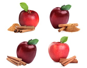 Aromatic cinnamon sticks and red apples isolated on white, set