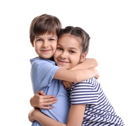 Photo of Happy brother and sister hugging on white background