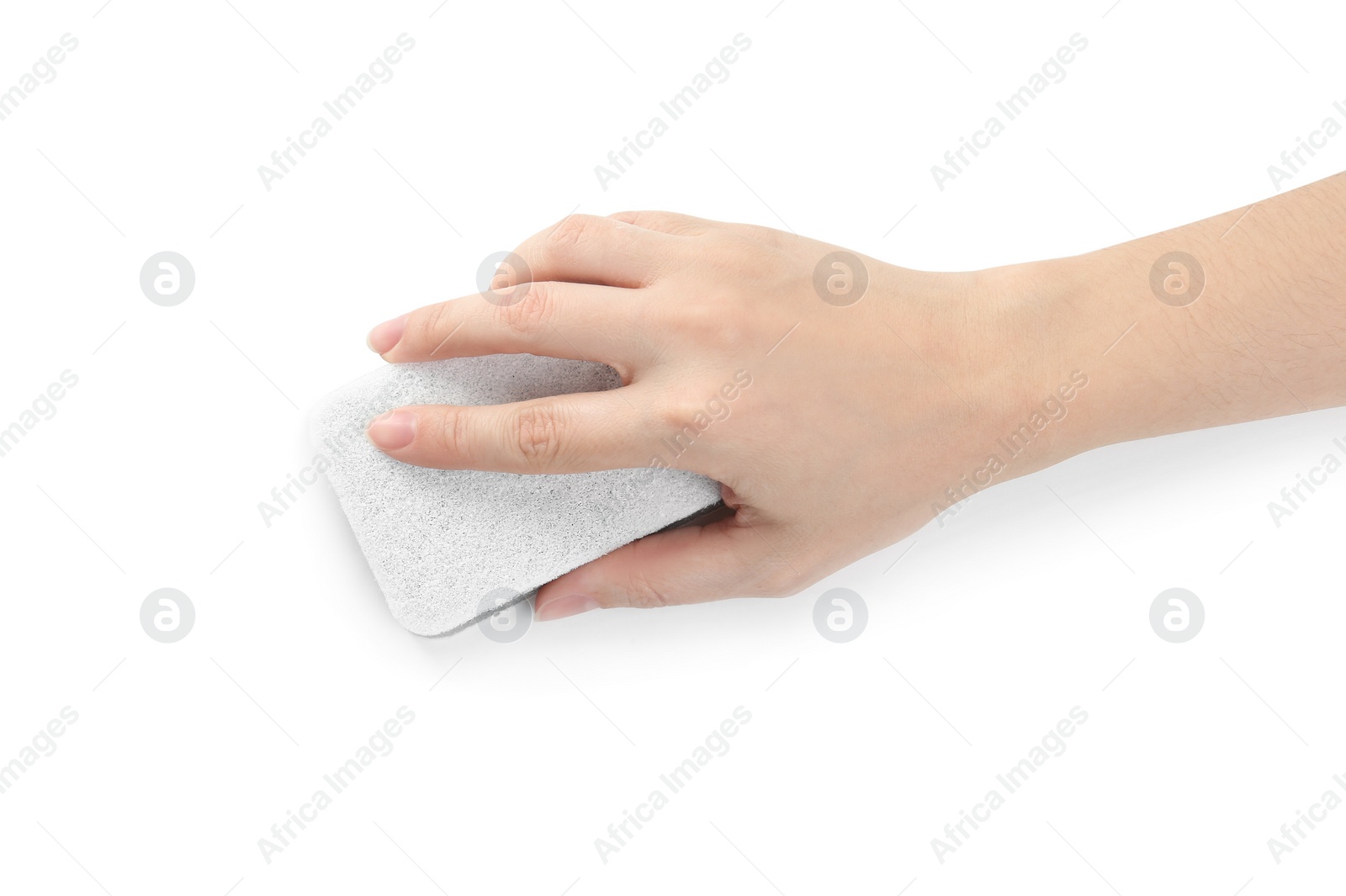 Photo of Woman with sponge on white background, closeup of hand