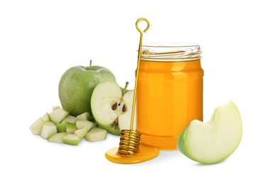 Natural sweet honey and tasty fresh apples on white background