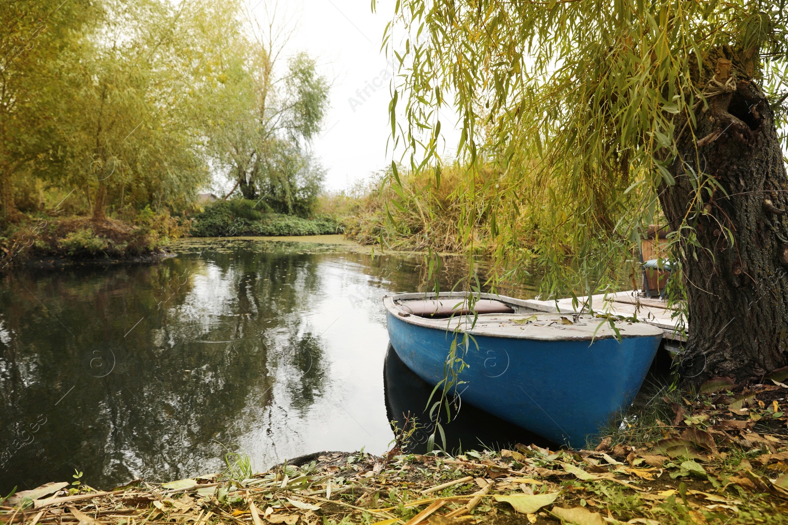 Photo of Light blue wooden boat on lake, space for text