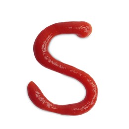 Photo of Letter S written with ketchup on white background