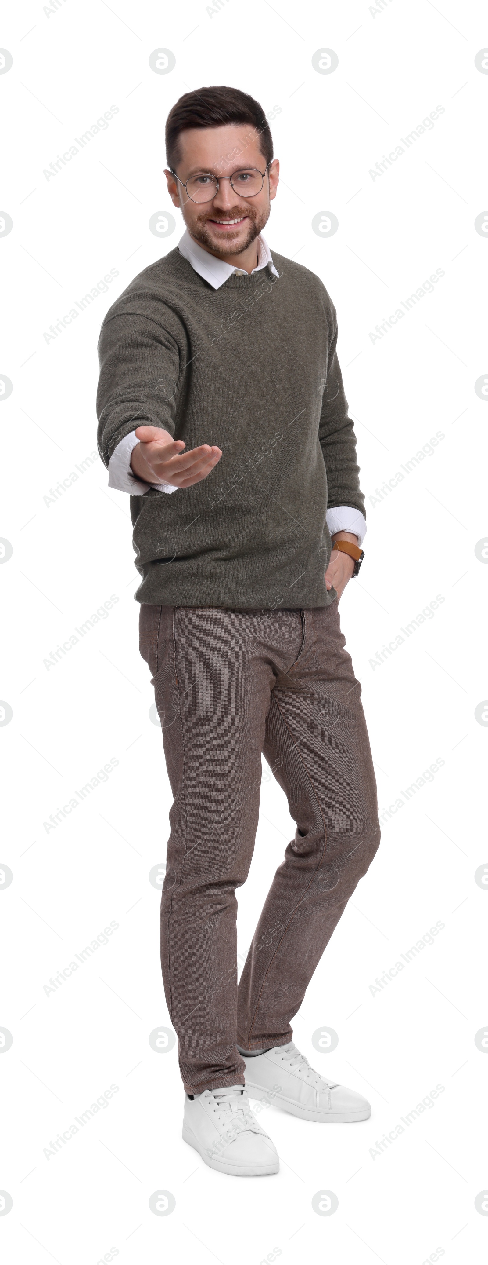 Photo of Handsome bearded businessman in eyeglasses on white background