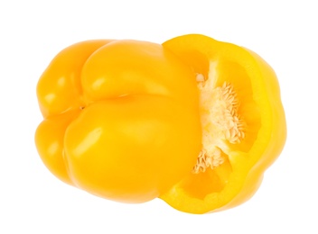 Photo of Halves of yellow bell pepper isolated on white, top view