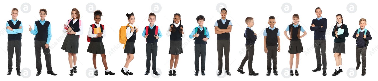 Image of Children in school uniforms on white background. Banner design