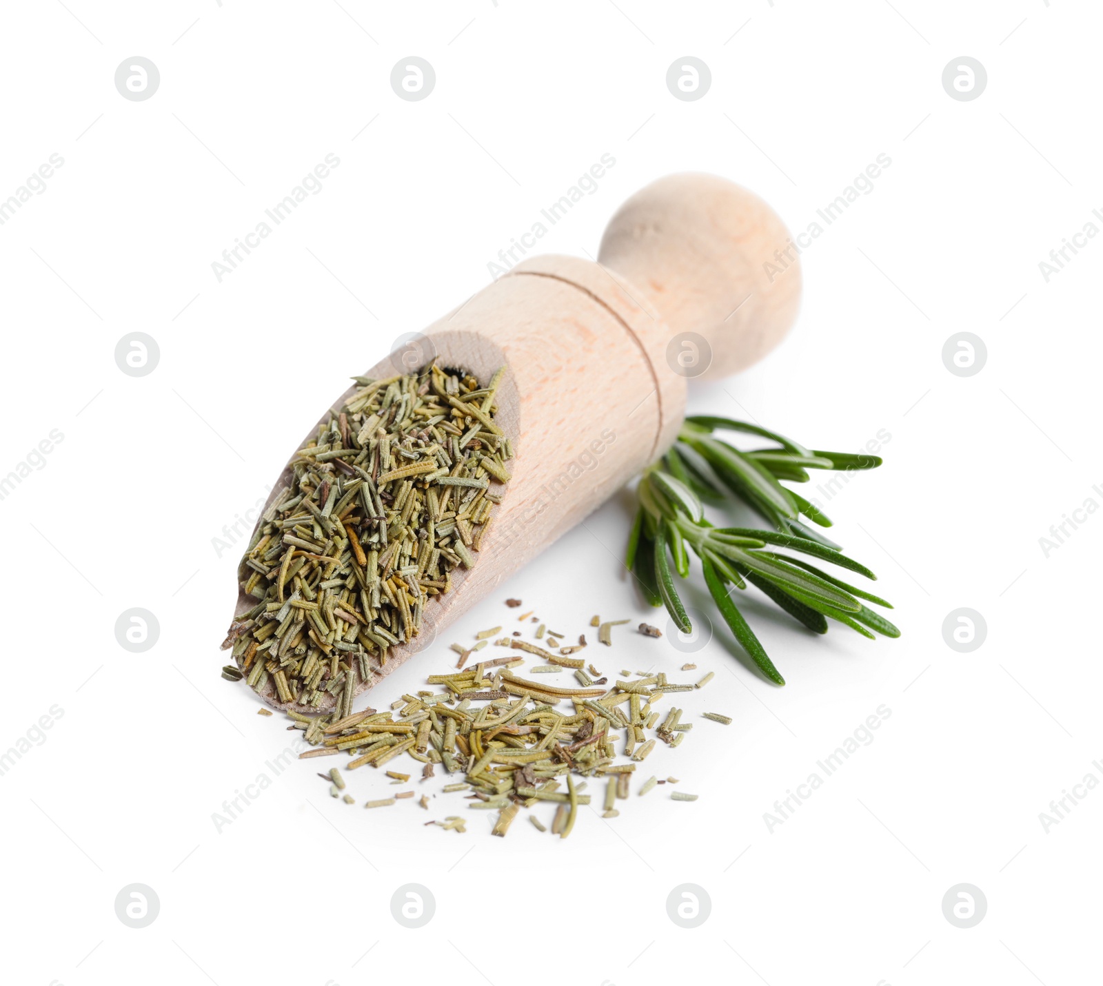 Photo of Scoop with dry rosemary and fresh sprig on white background