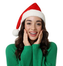 Photo of Christmas celebration. Beautiful young woman in Santa hat isolated on white