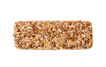 Image of Crunchy granola bar on white background, top view. Healthy snack