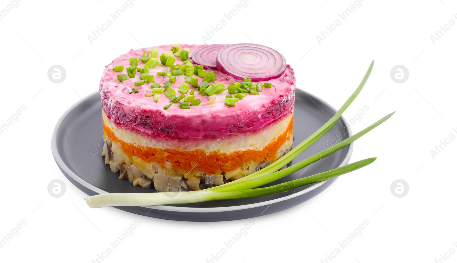 Photo of Herring under fur coat salad isolated on white. Traditional Russian dish