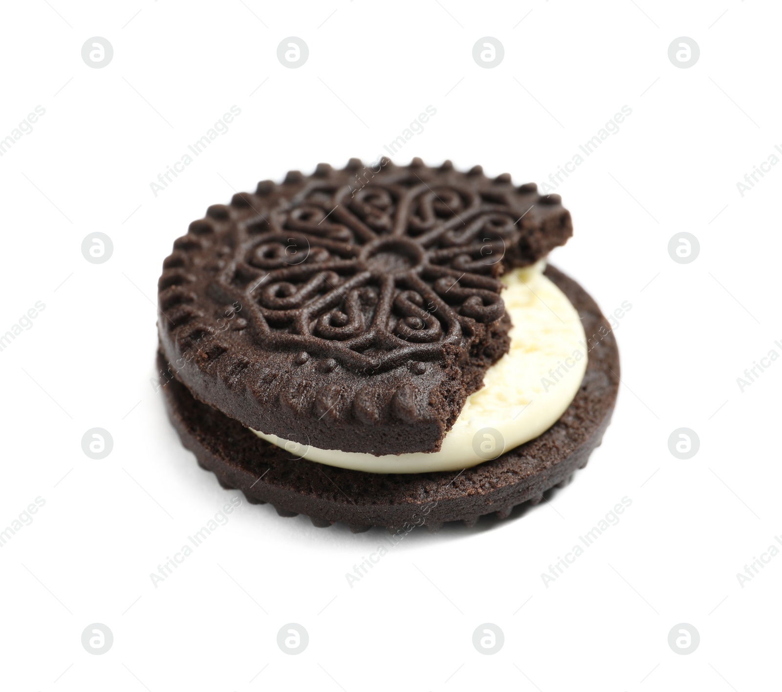 Photo of Tasty chocolate cookie with cream on white background