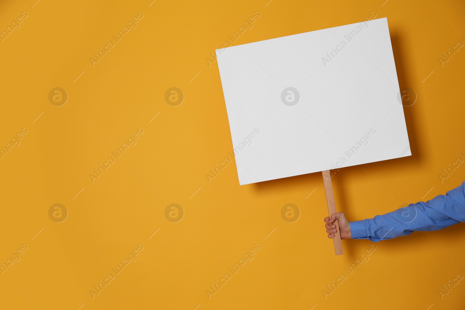 Photo of Woman holding blank sign on yellow background, closeup. Space for text