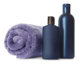 Photo of Personal hygiene products with towel on white background