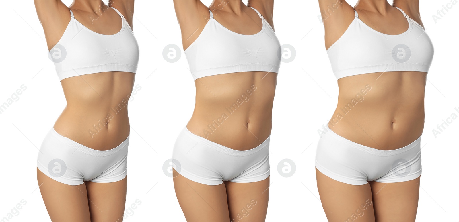 Image of Collage with photos of woman getting fat on white background. Unhealthy diet