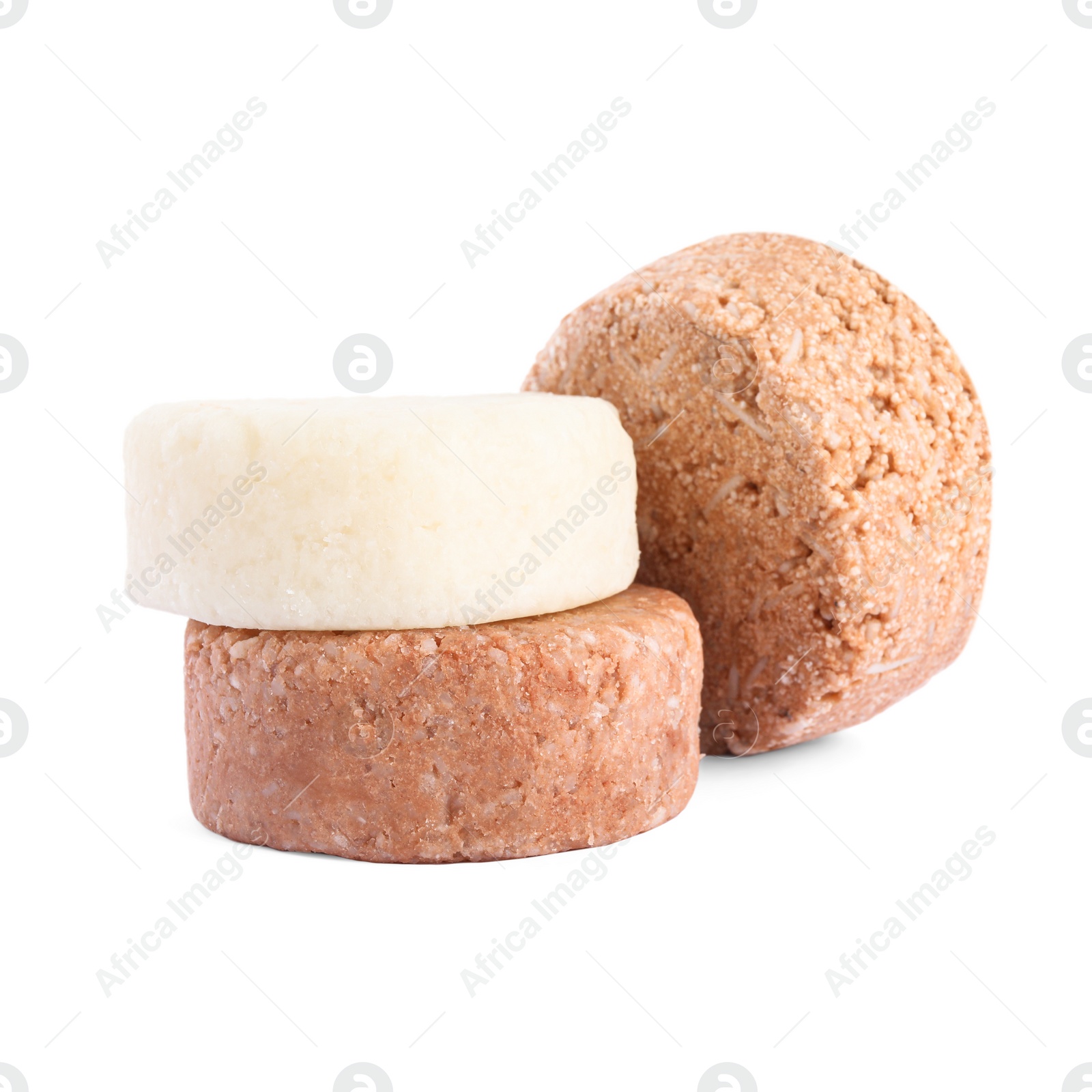 Photo of Solid shampoo bars on white background. Hair care