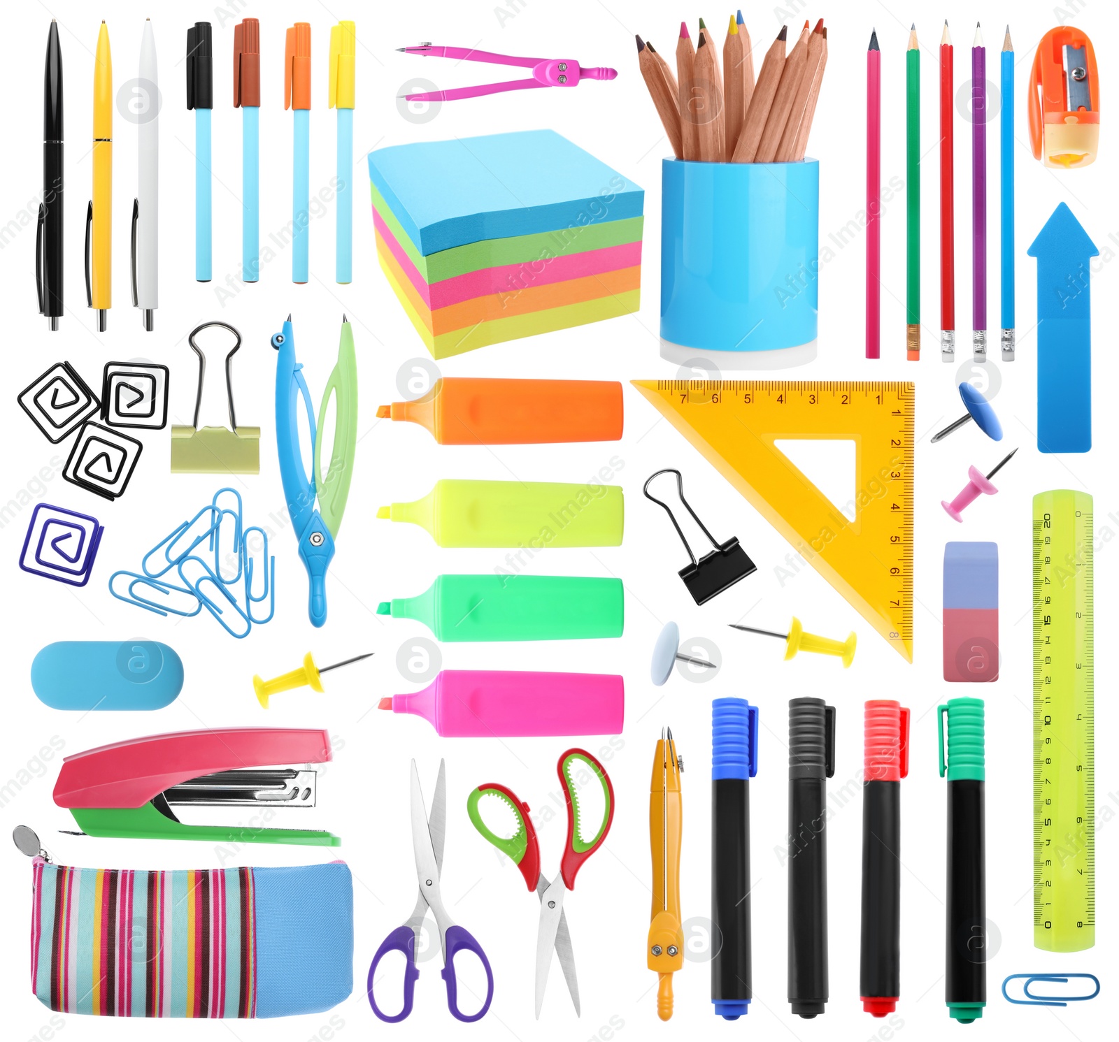 Image of Set of bright school stationery on white background