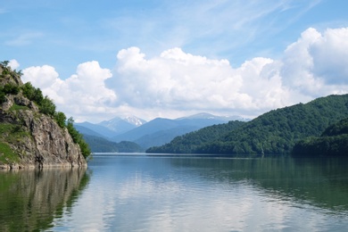 Image of Beautiful lake between hills covered with green forest
