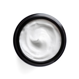 Photo of Jar of hand cream on white background, top view