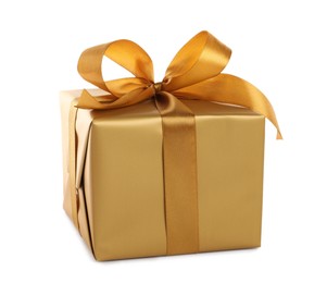 Beautiful gift box with golden ribbon and bow on white background