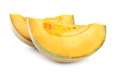 Photo of Cut tasty fresh melon isolated on white