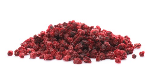 Pile of dried red currants on white background