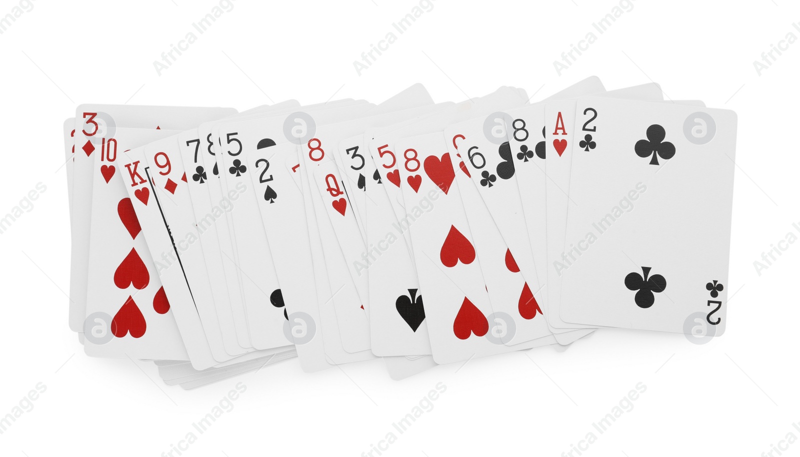 Photo of Deck of playing cards isolated on white, top view. Poker game